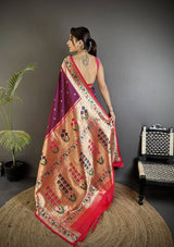 Dista Elora Wine Lichi Silk Ikkat Floral Motifs Zari Woven Paithani Saree, view 3