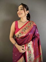 Dista Elora Wine Lichi Silk Ikkat Floral Motifs Zari Woven Paithani Saree, view 4