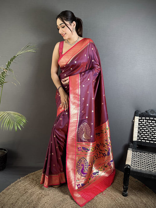 Dista Elora Wine Lichi Silk Paithani Peacock Motifs Zari Work Saree