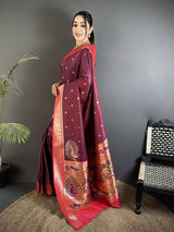 Dista Elora Wine Lichi Silk Paithani Peacock Motifs Zari Work Saree, view 2
