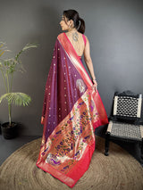 Dista Elora Wine Lichi Silk Paithani Peacock Motifs Zari Work Saree, view 3