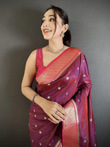 Dista Elora Wine Lichi Silk Paithani Peacock Motifs Zari Work Saree, view 4