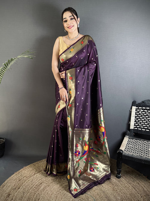 Dista Elora Wine Lichi Silk Parrot & Floral Woven Design Zari Weaving Paithani Saree