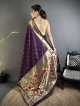 Dista Elora Wine Lichi Silk Parrot & Floral Woven Design Zari Weaving Paithani Saree, view 2