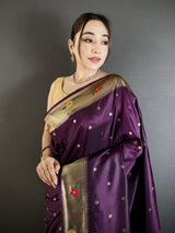 Dista Elora Wine Lichi Silk Parrot & Floral Woven Design Zari Weaving Paithani Saree, view 3