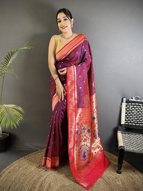 Dista Elora Wine Lichi Silk Peacock & Floral Motifs Zari Weaving Paithani Saree