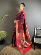 Dista Elora Wine Lichi Silk Peacock & Floral Motifs Zari Weaving Paithani Saree, view 2