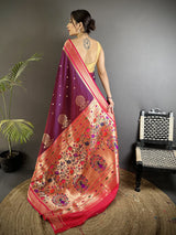 Dista Elora Wine Lichi Silk Peacock & Floral Motifs Zari Weaving Paithani Saree, view 3