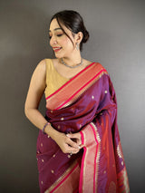 Dista Elora Wine Lichi Silk Peacock & Floral Motifs Zari Weaving Paithani Saree, view 4