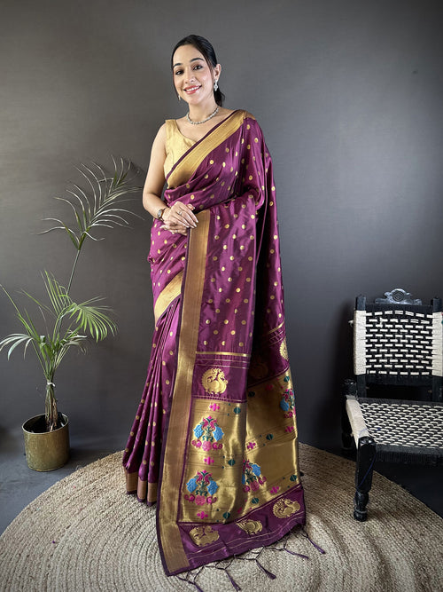 Dista Elora Wine Lichi Silk Peacock & Floral Motis Zari Weaving Paithani Saree