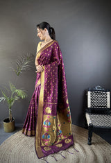 Dista Elora Wine Lichi Silk Peacock & Floral Motis Zari Weaving Paithani Saree, view 2