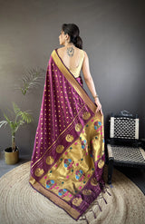 Dista Elora Wine Lichi Silk Peacock & Floral Motis Zari Weaving Paithani Saree, view 3