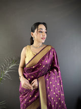 Dista Elora Wine Lichi Silk Peacock & Floral Motis Zari Weaving Paithani Saree, view 4