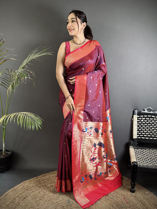 Dista Elora Wine Lichi Silk Peacock Motifs Zari weaving Paithani Saree