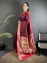 Dista Elora Wine Lichi Silk Peacock Motifs Zari weaving Paithani Saree, view 2