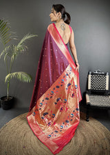 Dista Elora Wine Lichi Silk Peacock Motifs Zari weaving Paithani Saree, view 3