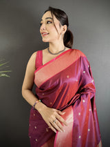 Dista Elora Wine Lichi Silk Peacock Motifs Zari weaving Paithani Saree, view 4
