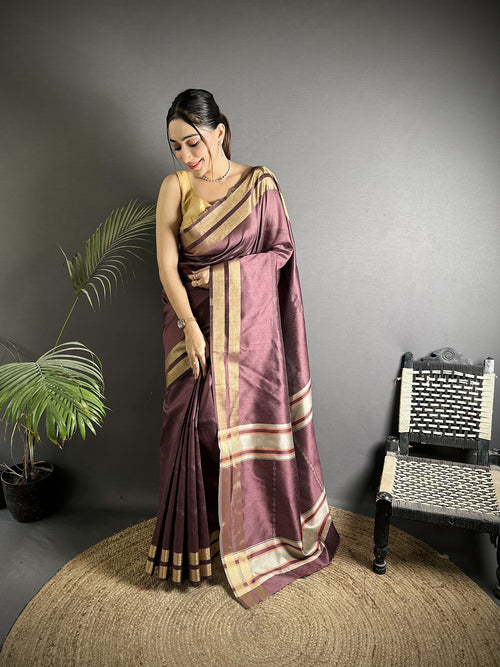 Dista Elora Wine Raw Silk Zari Woven Kanjivaram Saree