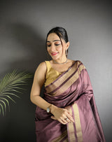 Dista Elora Wine Raw Silk Zari Woven Kanjivaram Saree, view 4