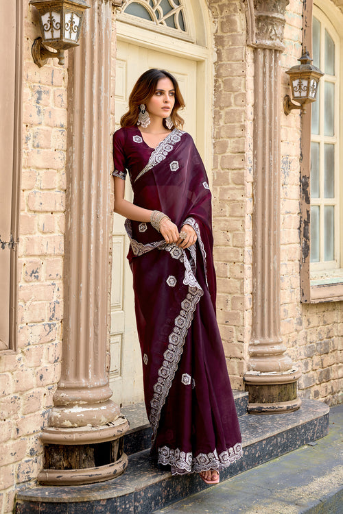 Dista Elora Wine Shimmer Chiffon Geometric Embroidery Work Bollywood Saree