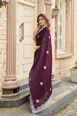 Dista Elora Wine Shimmer Chiffon Geometric Embroidery Work Bollywood Saree, view 2