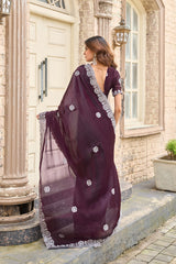 Dista Elora Wine Shimmer Chiffon Geometric Embroidery Work Bollywood Saree, view 3