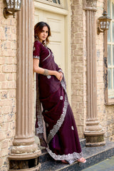 Dista Elora Wine Shimmer Chiffon Geometric Embroidery Work Bollywood Saree, view 4