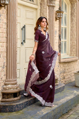 Dista Elora Wine Shimmer Chiffon Geometric Embroidery Work Bollywood Saree, view 5