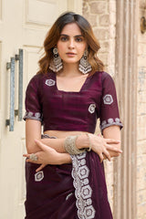 Dista Elora Wine Shimmer Chiffon Geometric Embroidery Work Bollywood Saree, view 6