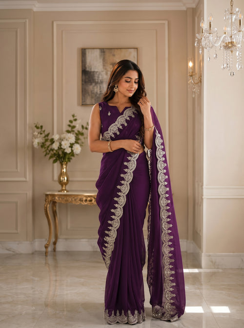 Dista Elora Wine Shimmer Chiffon Plain/Solid Scalloped Edge Embroidered Border Bollywood Saree
