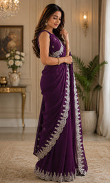Dista Elora Wine Shimmer Chiffon Plain/Solid Scalloped Edge Embroidered Border Bollywood Saree, view 2