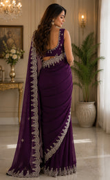 Dista Elora Wine Shimmer Chiffon Plain/Solid Scalloped Edge Embroidered Border Bollywood Saree, view 3
