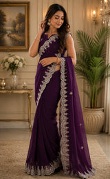Dista Elora Wine Shimmer Chiffon Plain/Solid Scalloped Edge Embroidered Border Bollywood Saree, view 4