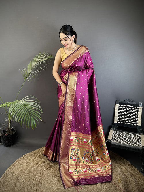 Dista Elora Wine Soft Lichi Silk Butti Meenakari Work Paithani Saree