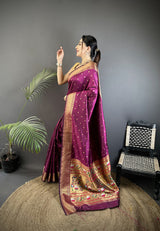Dista Elora Wine Soft Lichi Silk Butti Meenakari Work Paithani Saree, view 2