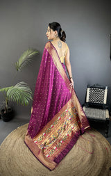 Dista Elora Wine Soft Lichi Silk Butti Meenakari Work Paithani Saree, view 3