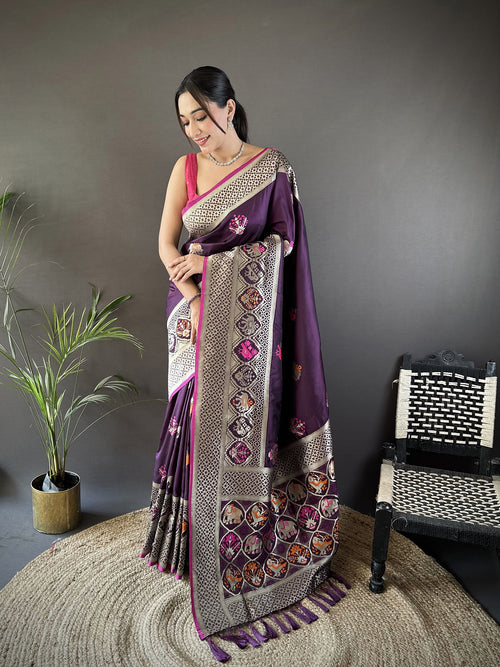 Dista Elora Wine Soft Lichi Silk Elephant & Floral Motifs Minakari Work Banarasi Saree