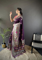 Dista Elora Wine Soft Lichi Silk Elephant & Floral Motifs Minakari Work Banarasi Saree, view 2