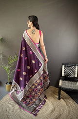 Dista Elora Wine Soft Lichi Silk Elephant & Floral Motifs Minakari Work Banarasi Saree, view 3