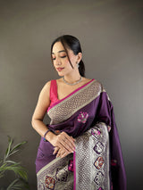 Dista Elora Wine Soft Lichi Silk Elephant & Floral Motifs Minakari Work Banarasi Saree, view 4