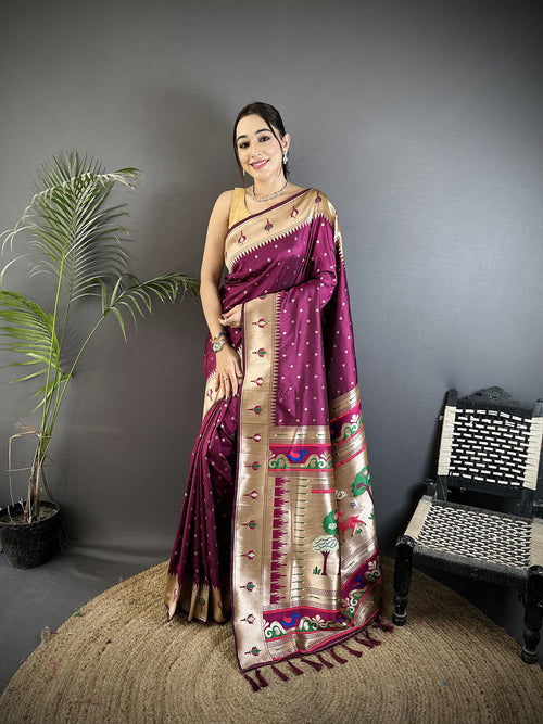 Dista Elora Wine Soft Lichi Silk Peacock & Floral Motifs Jacquard Kanchipuram Saree