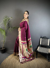 Dista Elora Wine Soft Lichi Silk Peacock & Floral Motifs Jacquard Kanchipuram Saree, view 2