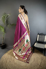 Dista Elora Wine Soft Lichi Silk Peacock & Floral Motifs Jacquard Kanchipuram Saree, view 3
