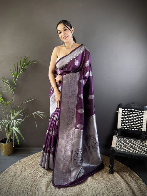 Dista Elora Wine Soft Silk Floral Motifs Banarasi Saree
