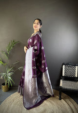 Dista Elora Wine Soft Silk Floral Motifs Banarasi Saree, view 2