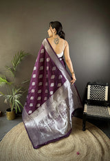Dista Elora Wine Soft Silk Floral Motifs Banarasi Saree, view 3