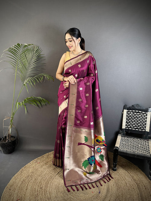 Dista Elora Wine Soft Silk Peacock & Floral Zari Motifs Kanchipuram Saree