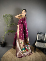 Dista Elora Wine Soft Silk Peacock & Floral Zari Motifs Kanchipuram Saree, view 2