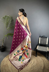 Dista Elora Wine Soft Silk Peacock & Floral Zari Motifs Kanchipuram Saree, view 3