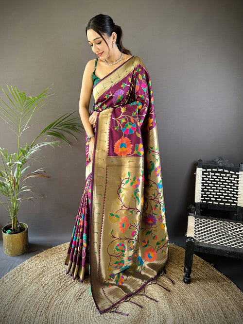 Dista Elora Wine Soft Silk Zari Woven Floral Motifs Paithani Saree
